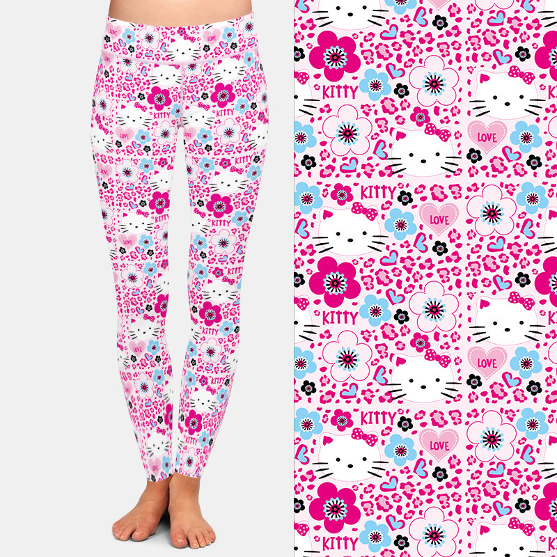 LETSFIND 2021 Cute Women Pants 3D Cartoon Cat and Flowers Pattern Milks Silk Print High Waist Elastic Leggings