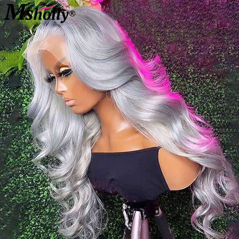 Peluca de cabello humano ondulado de Color gris plateado para mujer, peluca Frontal de encaje HD 13x4, cabello humano brasileño prearrancado, pelucas transparentes