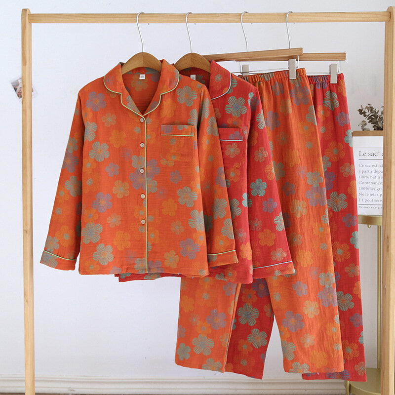 Spring / Autumn Cotton Gauze Pajamas Women's Long Sleeved Pants Loungewear Woven Jacquard Thin Loose Countryside Home Clothing