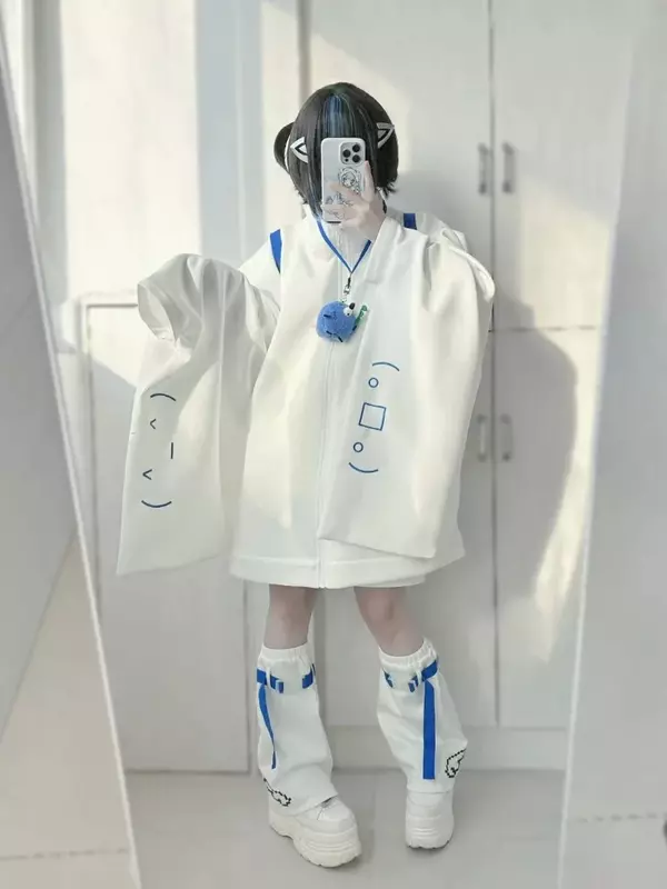 Harajuku Long Sleeve Zipper Cardigan Coat Women Mid-length Loose Sweatshirts+ White Leg Warmer 2024 Spring New Two Piece Sets