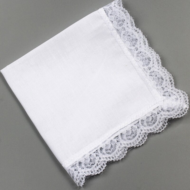 Portable Tie-dye Lace Trim Cotton Handkerchief for Woman Man Gentleman White Cotton Handkerchief Lace Trim Handkerchief D5QB