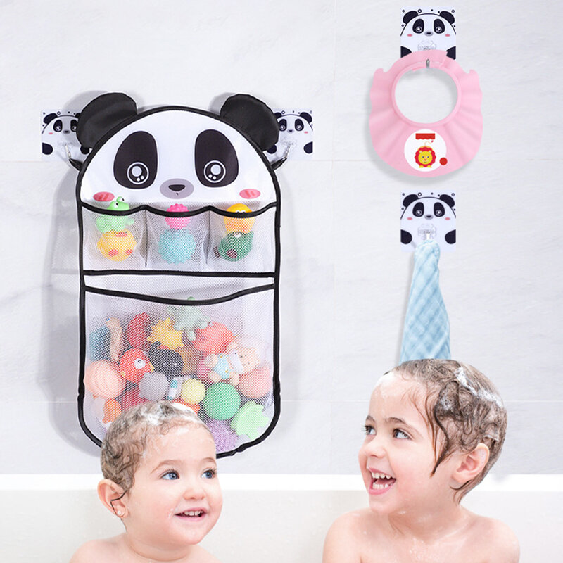 Tas mainan mandi bayi, produk Shower suspender jala kamar mandi bayi, tas permainan lucu kartun transparan multifungsi dengan 2 buah kait