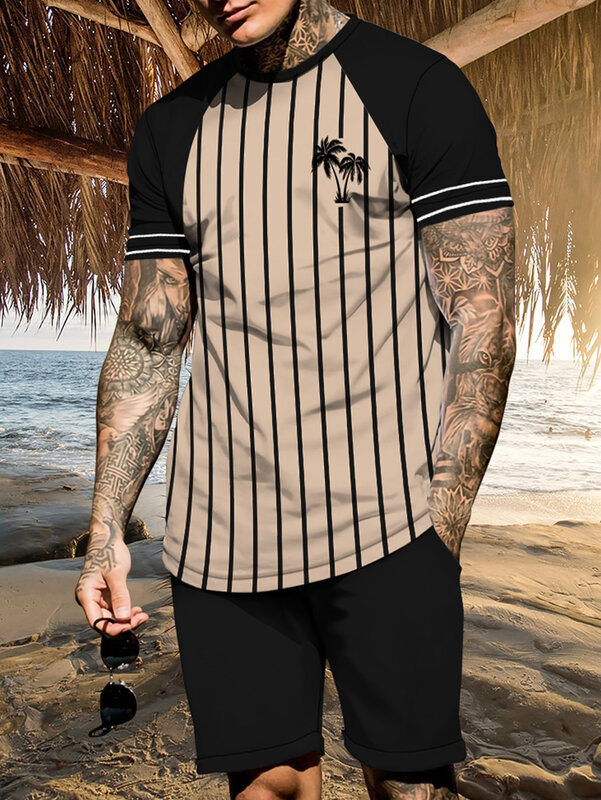 Мужская футболка в полоску, повседневная спортивная футболка с коротким рукавом, уличный комплект, лето 2024