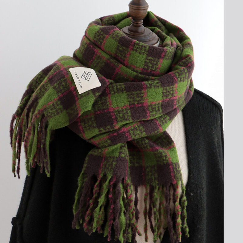 Winter Warm Scarf Vintage Korean CashmereScarf Thicken Tassel Shawl  Neck Warmer Plaid Long Neck Adult girl Gift Accessories