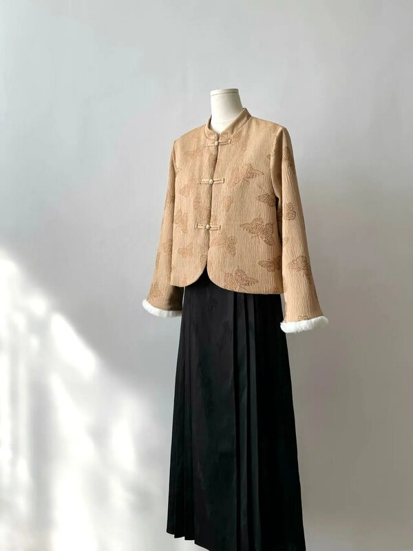 Casaco acolchoado de algodão de gola alta estilo chinês, acolchoado forrado de lã, estilo nacional, casaco jacquard de cetim vintage