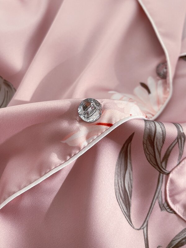 Print Flower 2PCS Pajamas Suit Casual Long Sleeve Nightwear Sleep Set Pink Satin Home Clothing Intimate Lingerie Pyjamas