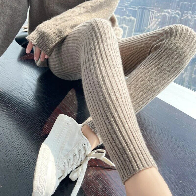 Slim Leggings Autumn Women High Waist Casual Trousers Knitted Ribbed Thicken Solid Elasticity Thermal  Ankle-Length Leggins