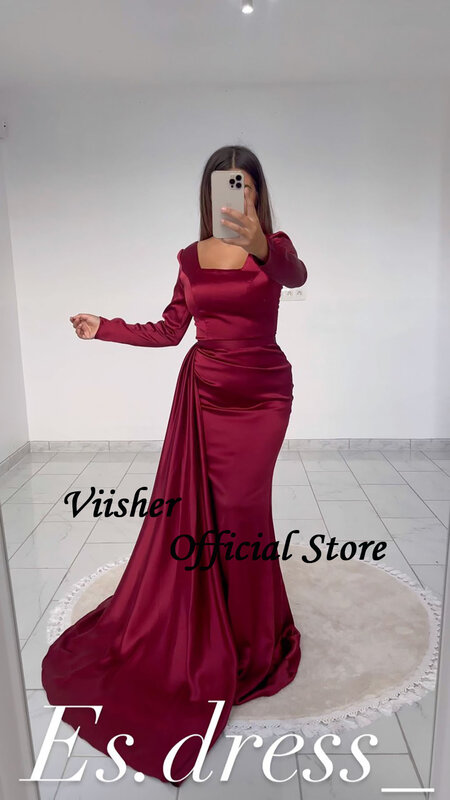 Gaun malam putri duyung Satin merah Viisher gaun Formal Arab Dubai leher persegi lengan panjang dengan gaun pesta malam kereta