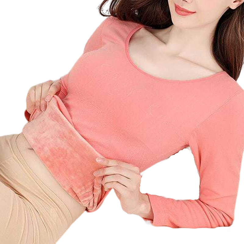 Women Thermal Underwear Basic Top Round Neck Solid Color Base Soft Casual