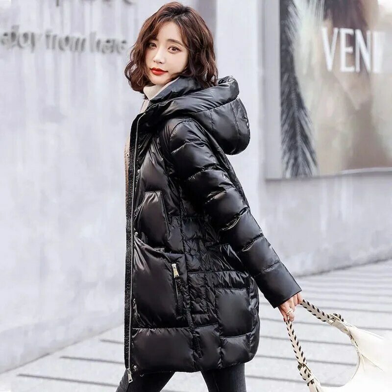 여성용 다운 재킷, 중간 길이 버전 파카, 슬림하고 두껍고 따뜻한 외투, 후드 심플 오버코트, 겨울 코트, 2024 신상