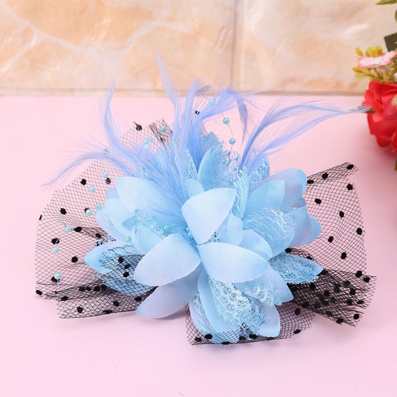 Bridal Fascinator Hats for Women Mesh Veil Flower Cap with Feather Pearl and Hair Clip Cocktail Tea Party Brooch Pin WedHeadwear