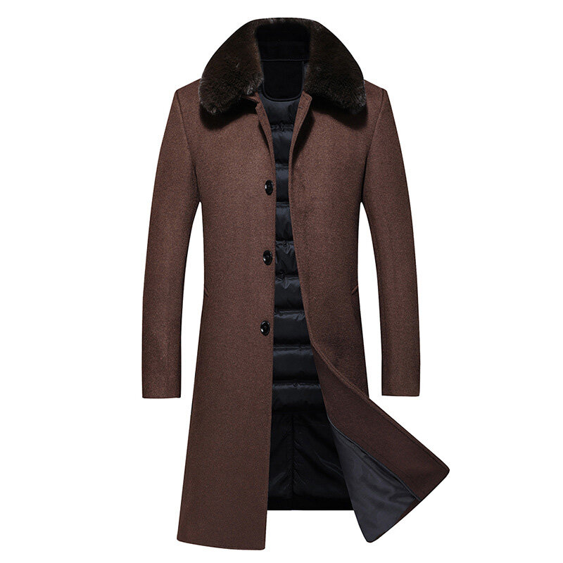Uomo collo di pelliccia caldo piumino di lana cappotto Business Casual moda bello giacca da gentiluomo inverno maschio spesso sottile cappotto di media lunghezza
