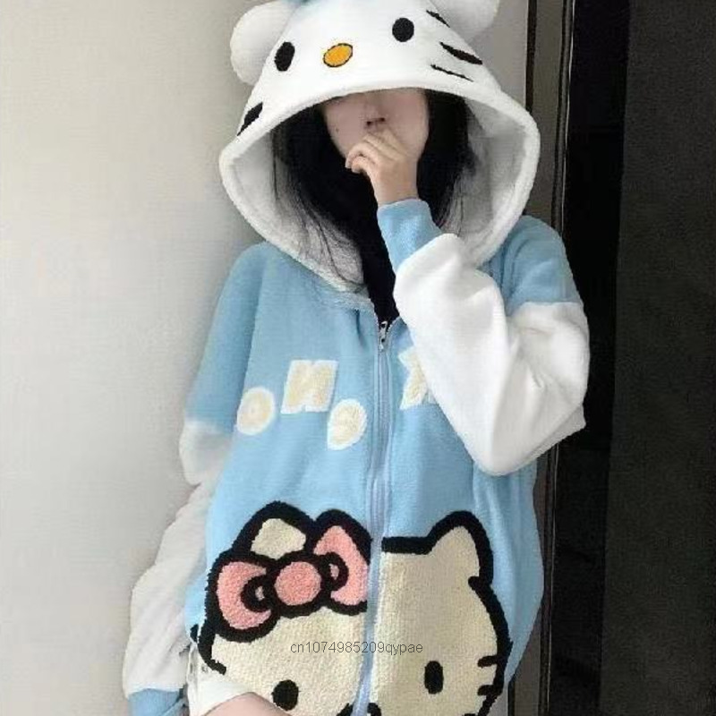 Sanrio-cárdigan Kawaii de Hello Kitty para mujer, Y2k engrosada Sudadera con capucha, sudadera Preppy de dibujos animados, ropa para niña, otoño e invierno, nuevo