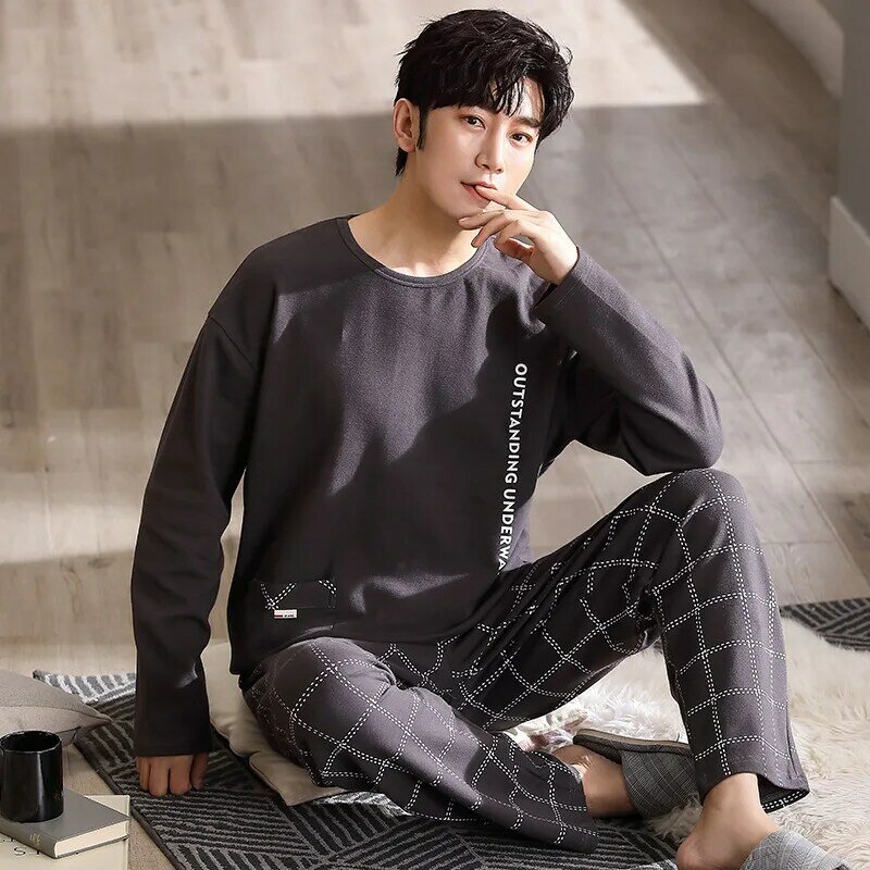 Conjunto de pijama xadrez de algodão masculino, pijama na moda coreana, mangas compridas, pijama de menino, tamanho grande, 4XL, primavera