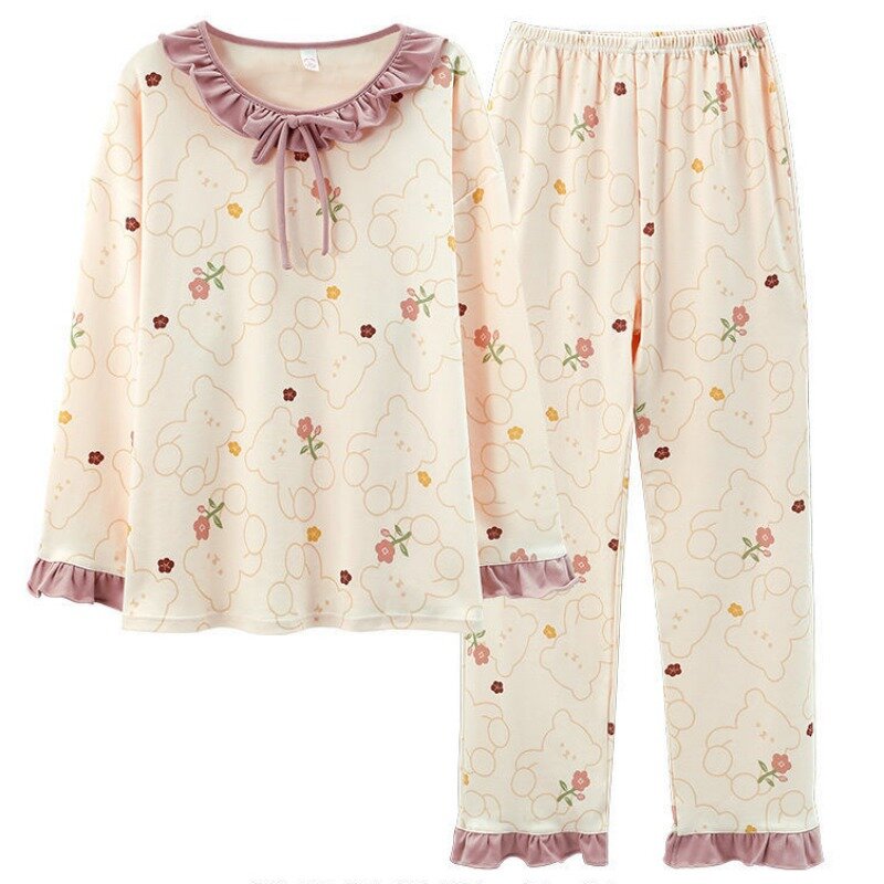 Pyjama Frauen Frühling Herbst Nachtwäsche Baumwolle Langarm Hosen Homewear 2024 neue Baumwolle Prinzessin Stil Lounge wear zweiteilig