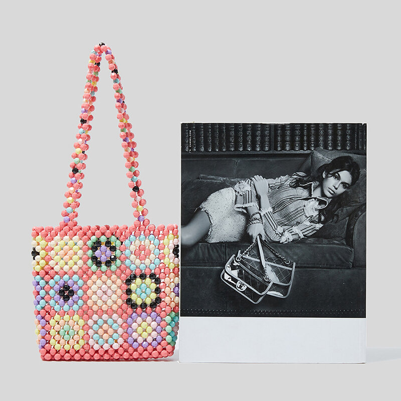 New Summer Colorful Bead Jelly Bag Purse Handmade Checkered Weave Handbags Large Handmade Pearl Acrylic Bag Designer Totes