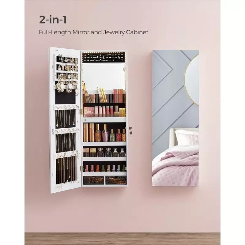 Jewelry Cabinet  , Wall/Door Mount Storage Cabinet with Full-Length Frameless Lighted Mirror, Built-in Makeup Mirror, 2 Drawers,