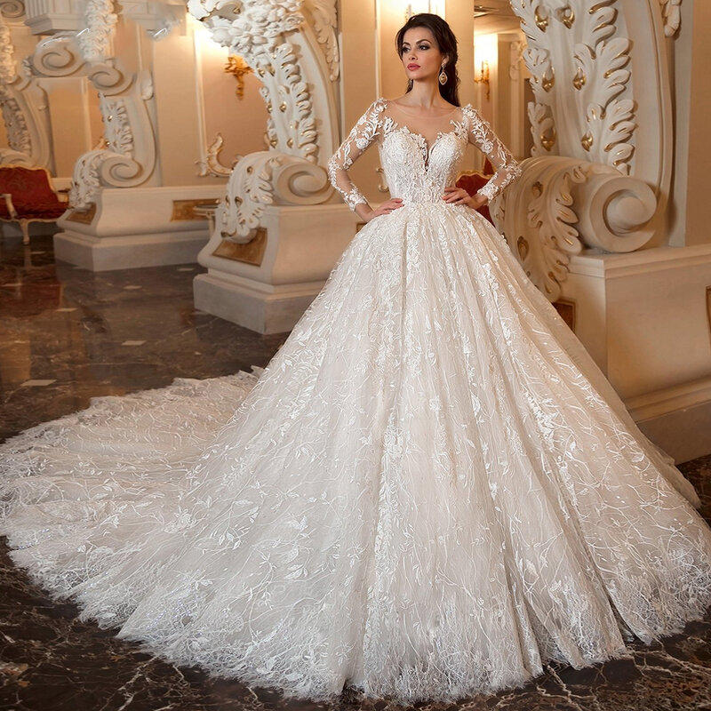 Sexy A-Linie V-Ausschnitt maßge schneiderte Hochzeits kleid italienische exquisite Spitze weißen Tüll Langarm Zug Knopf Brautkleid