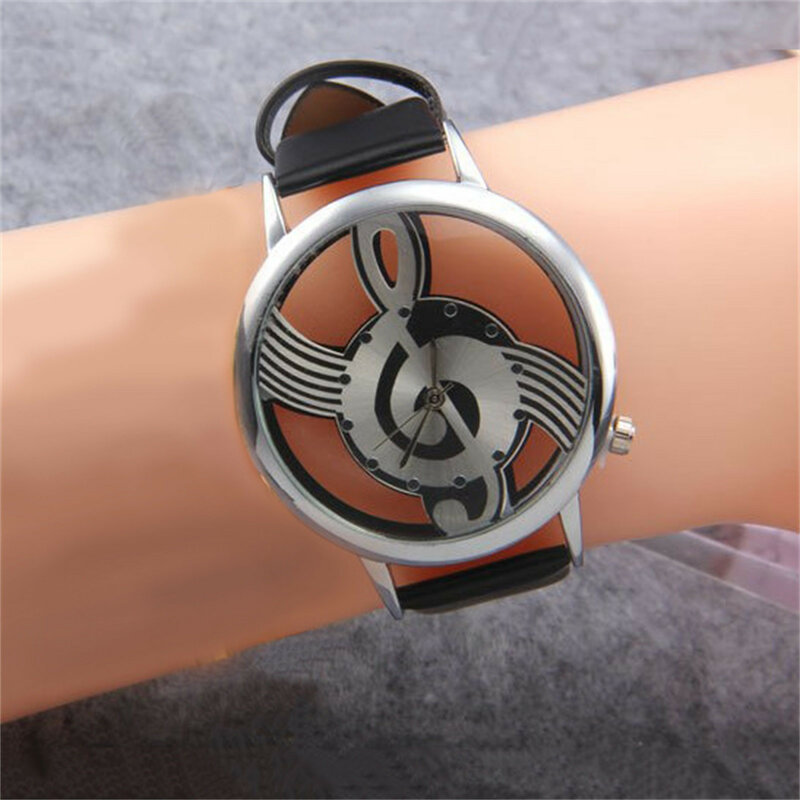 Relógio de quartzo com mostrador oco luxuoso para senhoras, design de nota, pulseira de couro clássica, casual casal