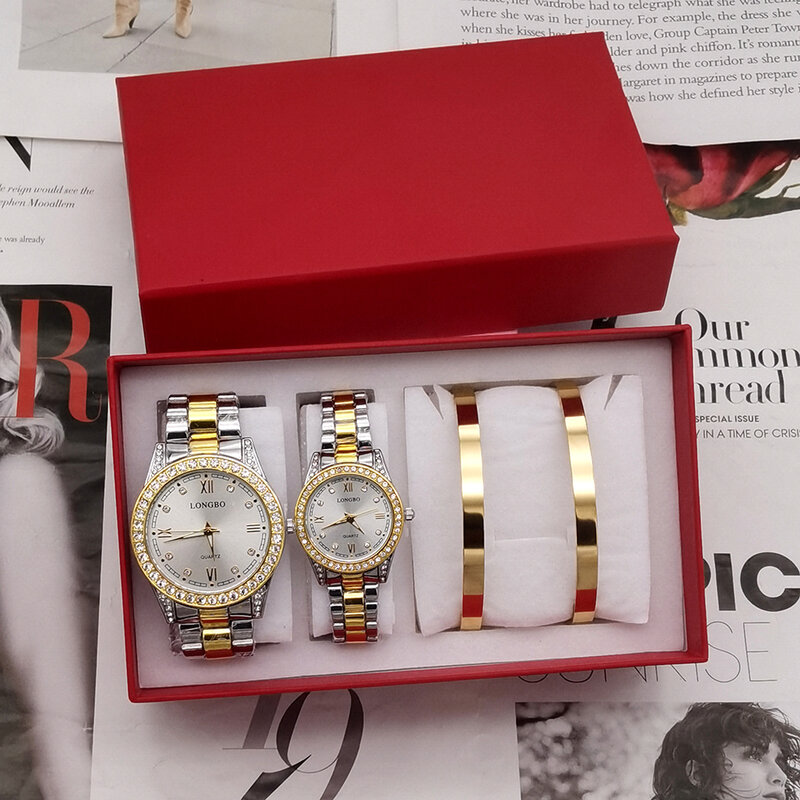 Ensemble de montres à quartz étanches en acier inoxydable pour hommes et femmes, montre-bracelet de luxe, boîte, amoureux, couple, mode