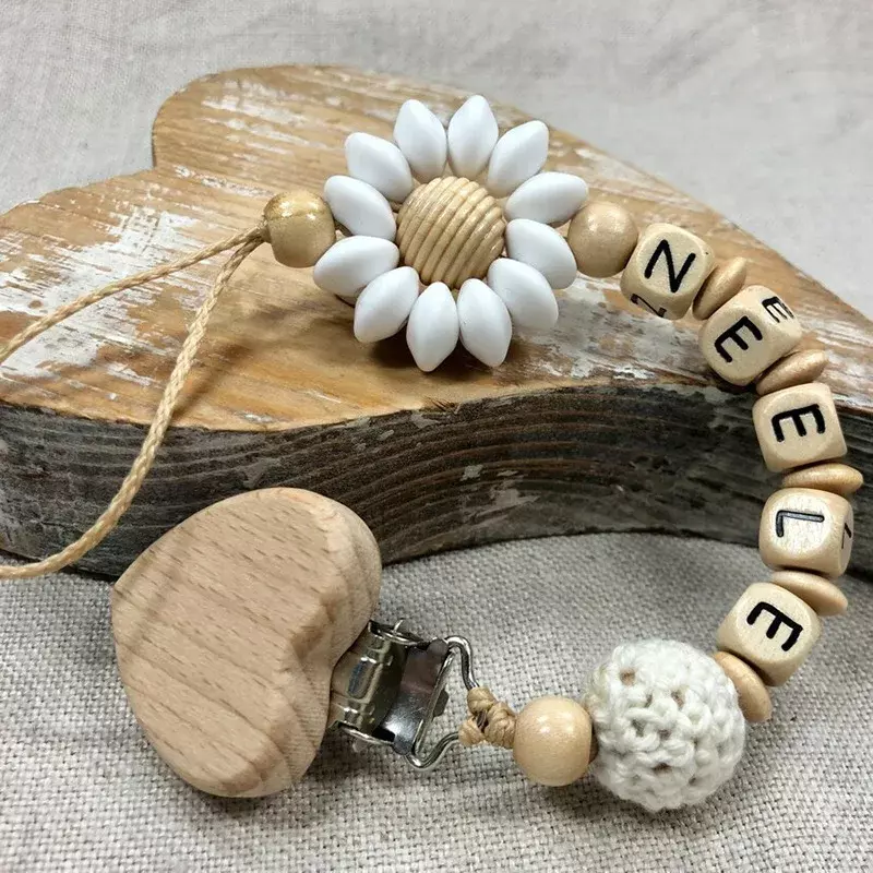Baby Teether DIY Custom Name Silicone Beads Wooden Ring Pacifier Clips Safe Teething Chains Eco-friendly Dummy Beech Clips Holde