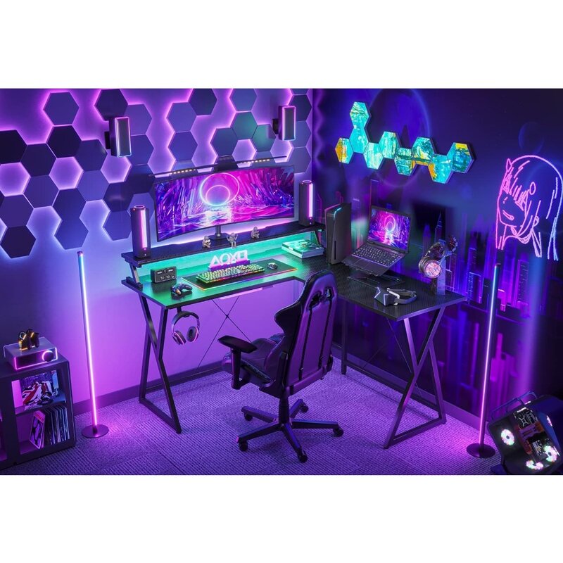 Bureau d'angle de jeu ergonomique avec bande LED, grand support de moniteur, table de jeu, bureau de joueur, forme en L, 51"