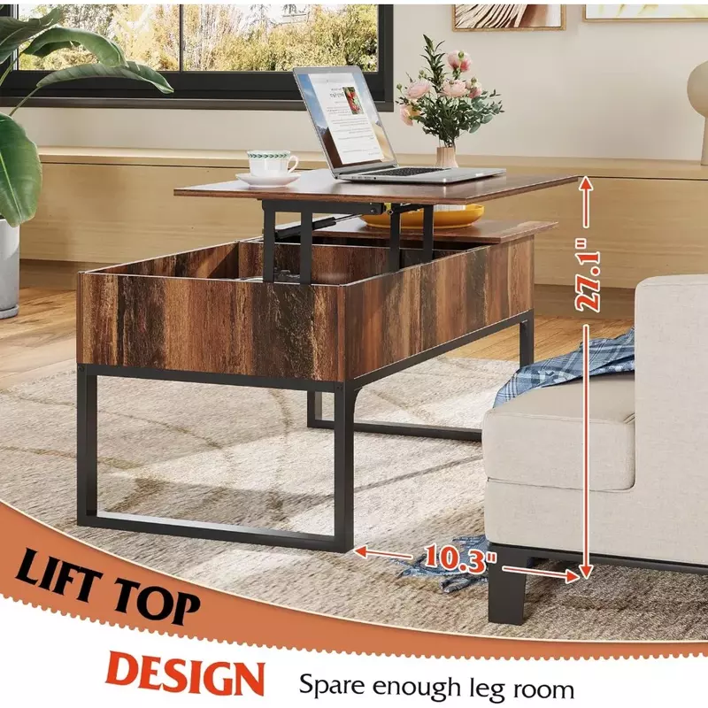 Levante a mesa de café para sala, mesa de madeira moderna com armazenamento, compartimentos escondidos e gavetas para sala de estar