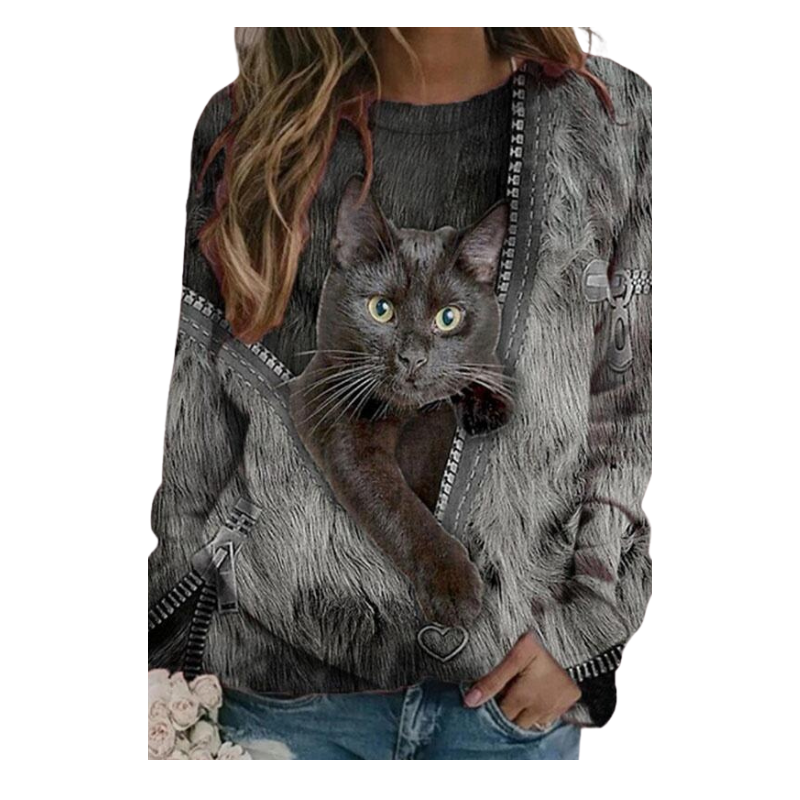 2023 Autumn Women Clothing S-5XL Fashion Print T-Shirt Zipper Cartoon Cat Printed Casual Loose Shirt Long Sleeve Round Neck Tops