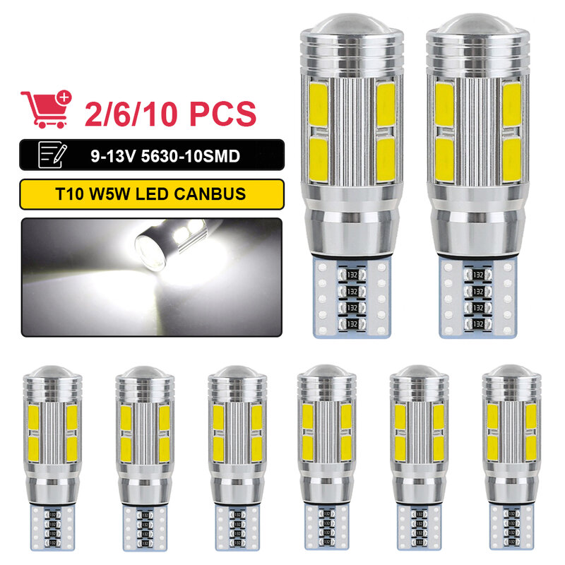 Bombilla LED Canbus W5W T10 para coche, sin error, 12V, 6000K, 5630, 10 SMD, 5W5, luz de señal de giro lateral de cuña, color blanco superbrillante, 2 unidades