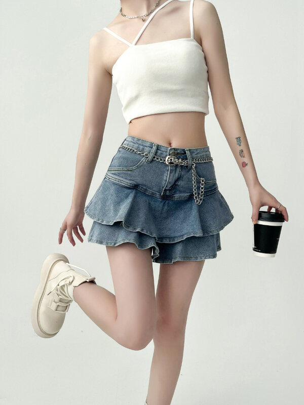 ADAgirl-Saias femininas azuis de babados jeans, cintura alta, mini shorts jeans, saia feminina Y2K, moda coreana, fundo doce menina