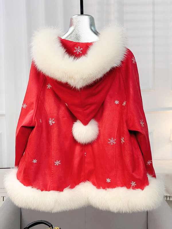 Weihnachten hübsches Mädchen rote Serie Kapuze übergroße Pelz Wildleder Pelz Cape Jacke Winter