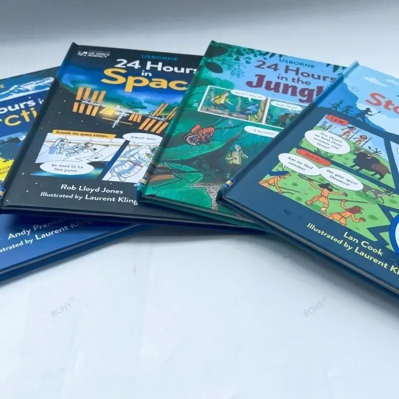 Libro de imágenes de lectura Usborne para niños, 4 libros, 24 horas en la Edad de Piedra, espacio, jungla, Antartica, Educación Temprana, inglés, tapa dura