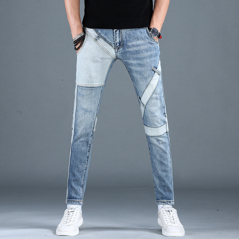 Street Fashion Jeans con cuciture di fascia alta da uomo autunno e inverno Slim Fit Skinny Cool Smart Casual pantaloni da moto