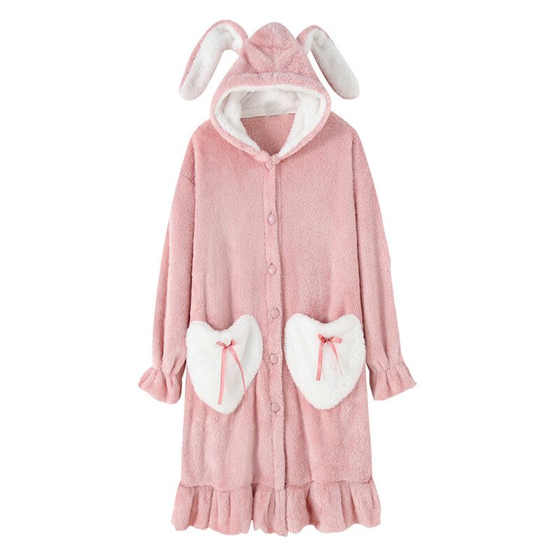 Winter Thick Warm Cute Cartoon Pajamas Flannel Nightgown Women Long Hooded Bathrobe Sleepwear Girls Kawaii Homewear Nightdress