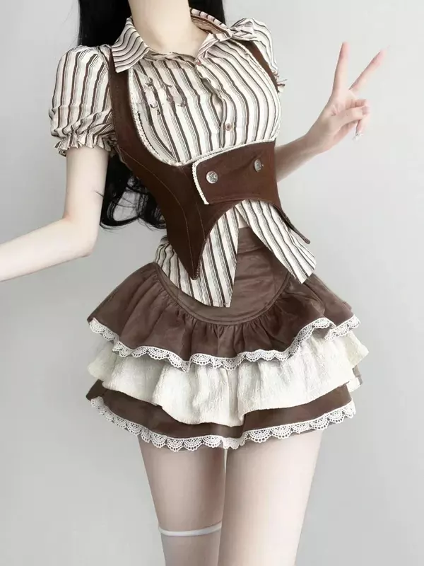 New Fashion Vintage  3 Piece Sets 2024 Summer Striped Shirt Slim Vest High Waist Lace Mini Skirt Lolita  Suit Woman Chic