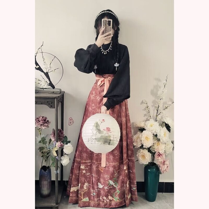 Kemeja wanita Tiongkok leher dicetak Mamianqun rok wajah kuda Cosplay baju Hanfu bordir pakaian gaya sehari-hari Gaun Ma Mian Qun Han