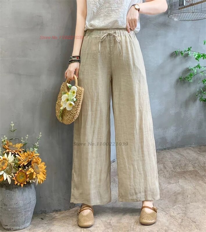 2024 китайские винтажные брюки, дышащие свободные брюки из 100% льна в национальном стиле, женские двухслойные широкие брюки, этнические народные брюки