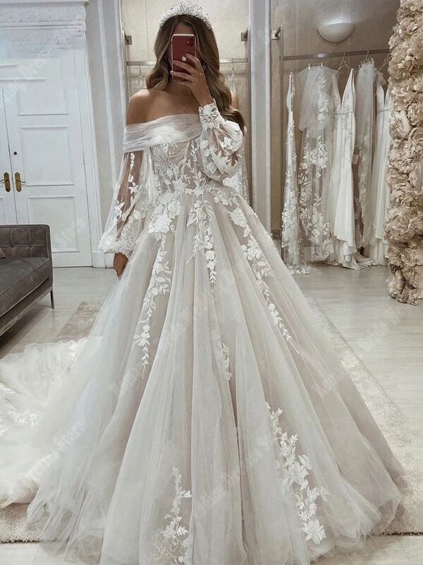 Gaun pernikahan Tulle wanita berkilau gaun pengantin Glitter bahu terbuka gaun pengantin elegan A line lengan panjang Vestidos De Novia
