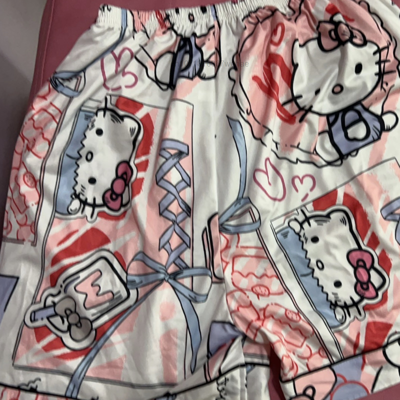 Sanrio Oversize Cute Hello Kitty Summer 2 Pcs Pajamas for Women's New Dormitory Short Pants Suits Girls Casual Home Clothes