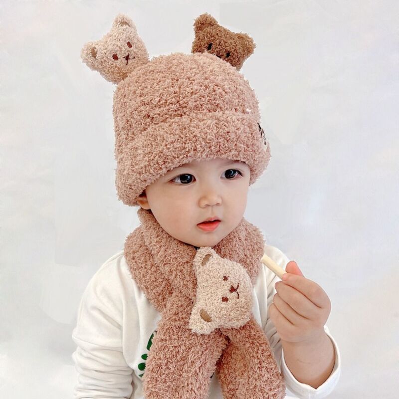 Cartoon Bear Baby Winter Hat and Scarf Set, Proteção de ouvido, Mantenha o gorro quente, Lenços de pelúcia grossos, Bebê infantil