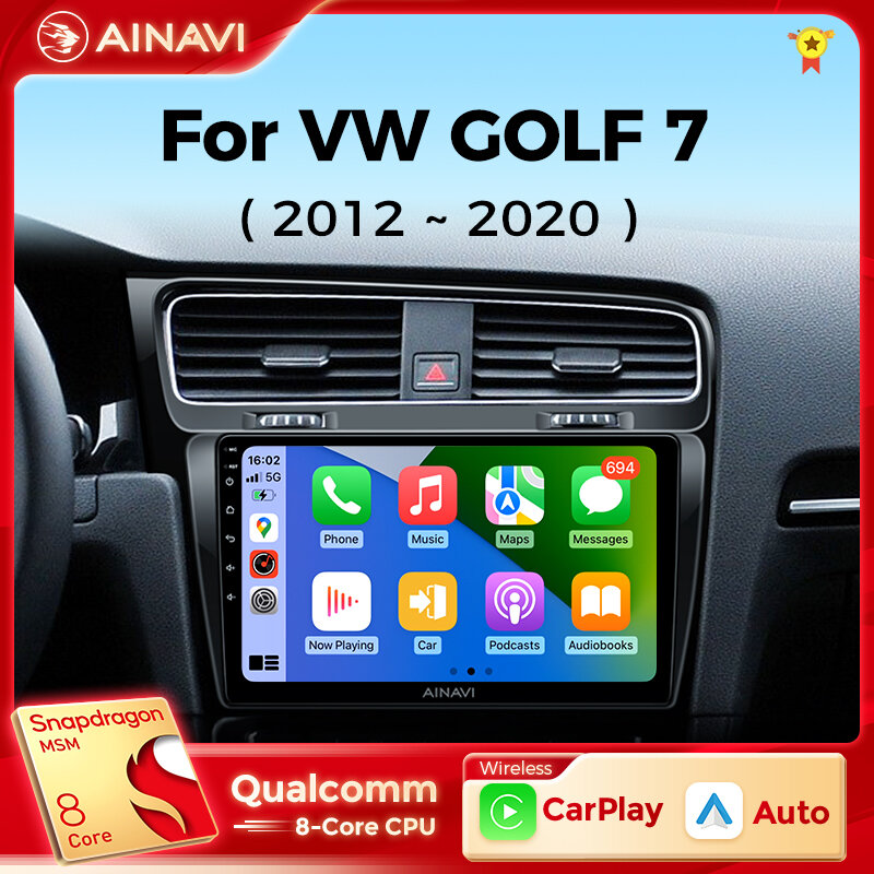 Rádio do carro para Volkswagen VW Golf 7, Carplay, multimídia HD, Android 10, automático, Qualcomm, GPS, estéreo, reprodutor de vídeo, 2Din, MK7, GTI, 2011-2021