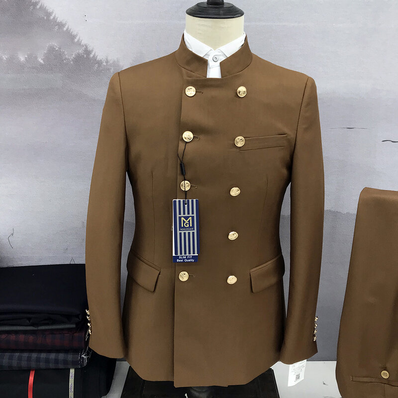 Conjunto de traje de dos piezas de estilo chino para hombre, Blazer ZhongShan, chaqueta Formal de gama alta, abrigo, pantalones, cuello levantado