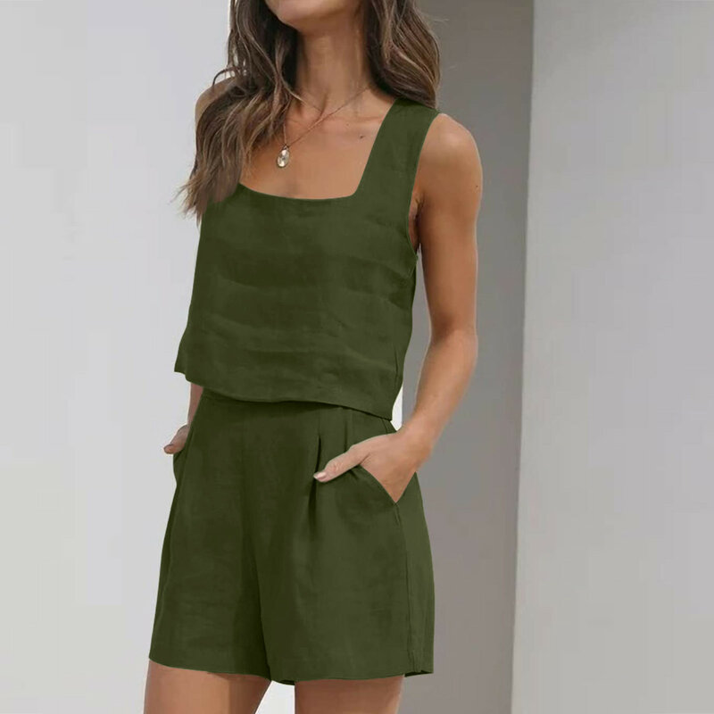 Women Solid Color Outfits Sets Sleeveless Sling Vest Casual Shorts Pockets Tops High Waisted Pants Suit Two Piece Lounge Sets