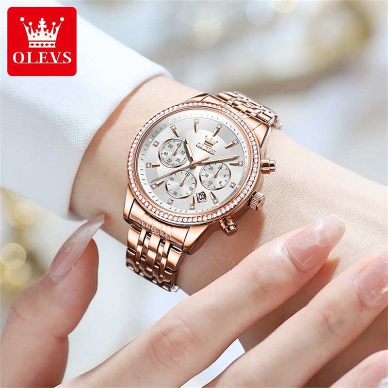 OLEVS jam tangan bercahaya wanita, arloji merek mewah emas mawar konograf Quartz Stainless Steel tahan air untuk perempuan