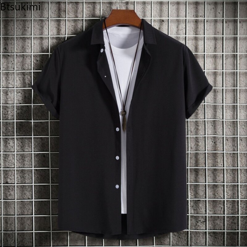 New Short Sleeve Shirts for Men Fashion Solid Casual Lapel Cardigan Tops Men Comfort Single-breasted Blouse Summer Beach Shirts