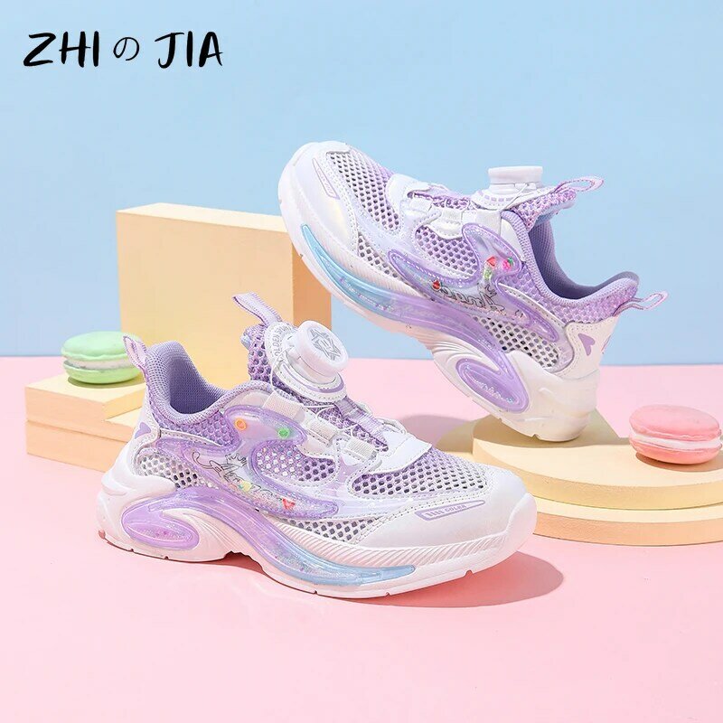 Summer Children's Rotating Buckle Single Mesh Casual Shoes Breathable Cushioned Sneaker Girls Outdoor Lightweight Running Shoes