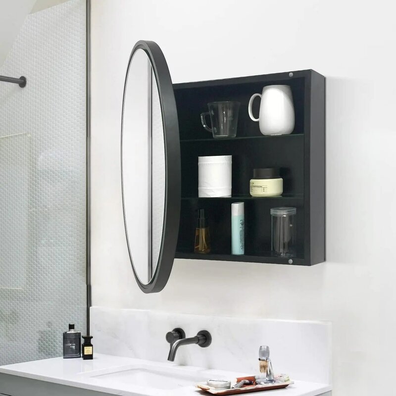 FOAMYKO 28 Inch x 28 Inch Round Medicine Cabinet, Circular Bathroom Mirror Cabinet, Wall Surface Mounted Storage Farmhouse Ca