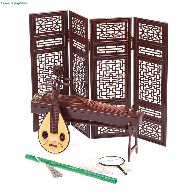 Miniatur rumah boneka layar lipat Flute Lute Guzheng Fan ornamen adegan hidup