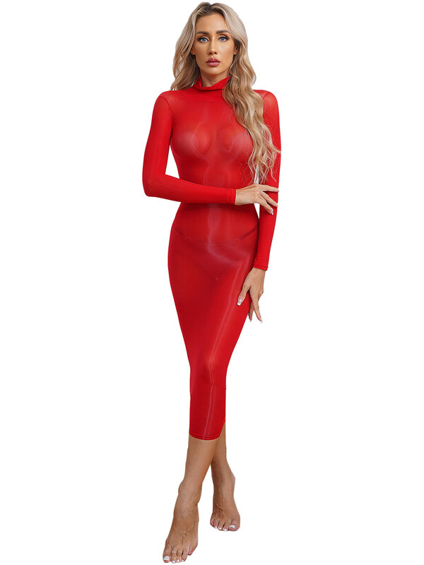 2024 Frauen sehen durch einfarbige sexy Dessous Kleid Nachtwäsche hoch dehnbare Langarm oder ärmellose glänzende figur betonte Kleider