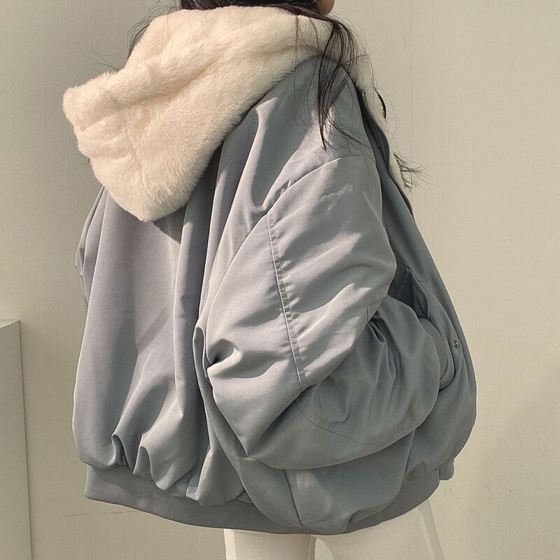 여성용 두꺼운 따뜻한 파카, 오버사이즈 카와이 양면 후드 코트, 한국 패션, 캐주얼 루즈 집업 재킷, 겨울